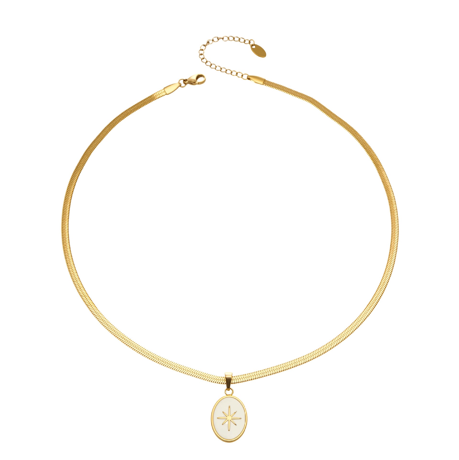 18K True Gold Plated Stainless Steel Trendy Oval Pendant Necklace with Flat Snake Thick Chain Anniversary Gift