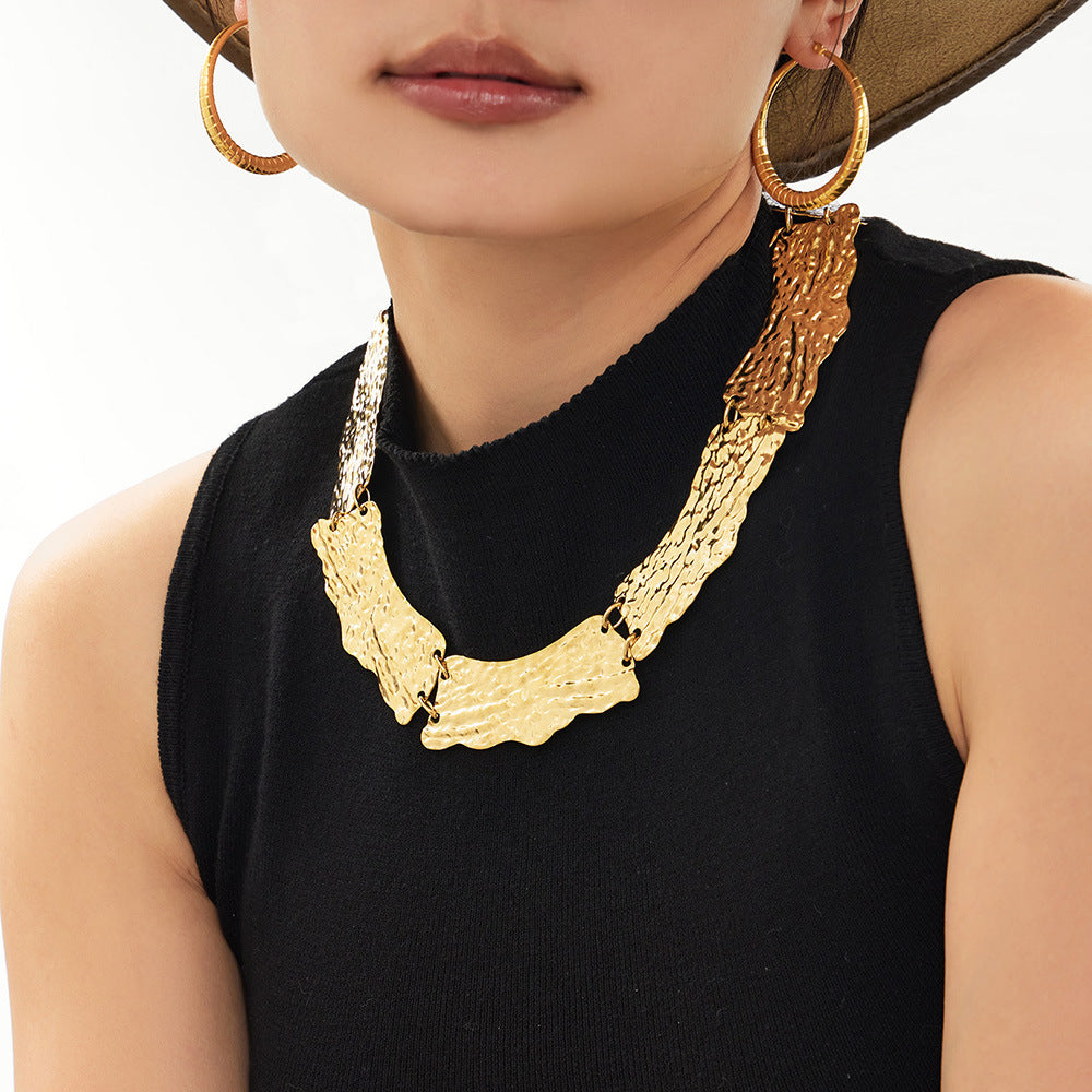 Fashionable Wide-Textured Handcrafted Lariat Necklace Strand Stainless Steel 18K Gold Plating Luxury Cross-Border Fashion