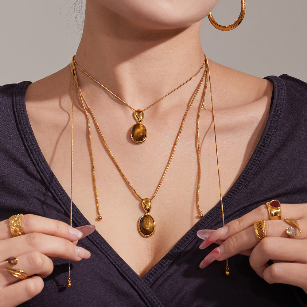 Fashionable New Arrival Natural Agate tiger Eye Pendant Long Necklace Simple Design Stainless Steel 18K Gold Plated Chain