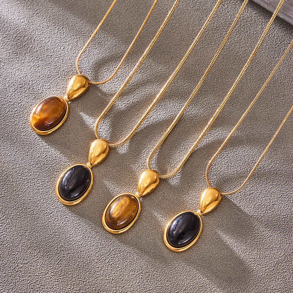 Fashionable New Arrival Natural Agate tiger Eye Pendant Long Necklace Simple Design Stainless Steel 18K Gold Plated Chain