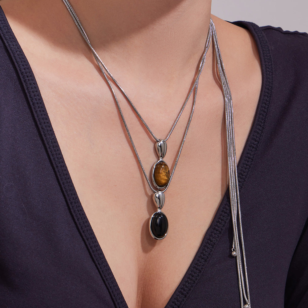 Fashionable New Arrival Natural Agate tiger Eye Pendant Long Necklace Simple Design Stainless Steel 18K Gold Plated Chain