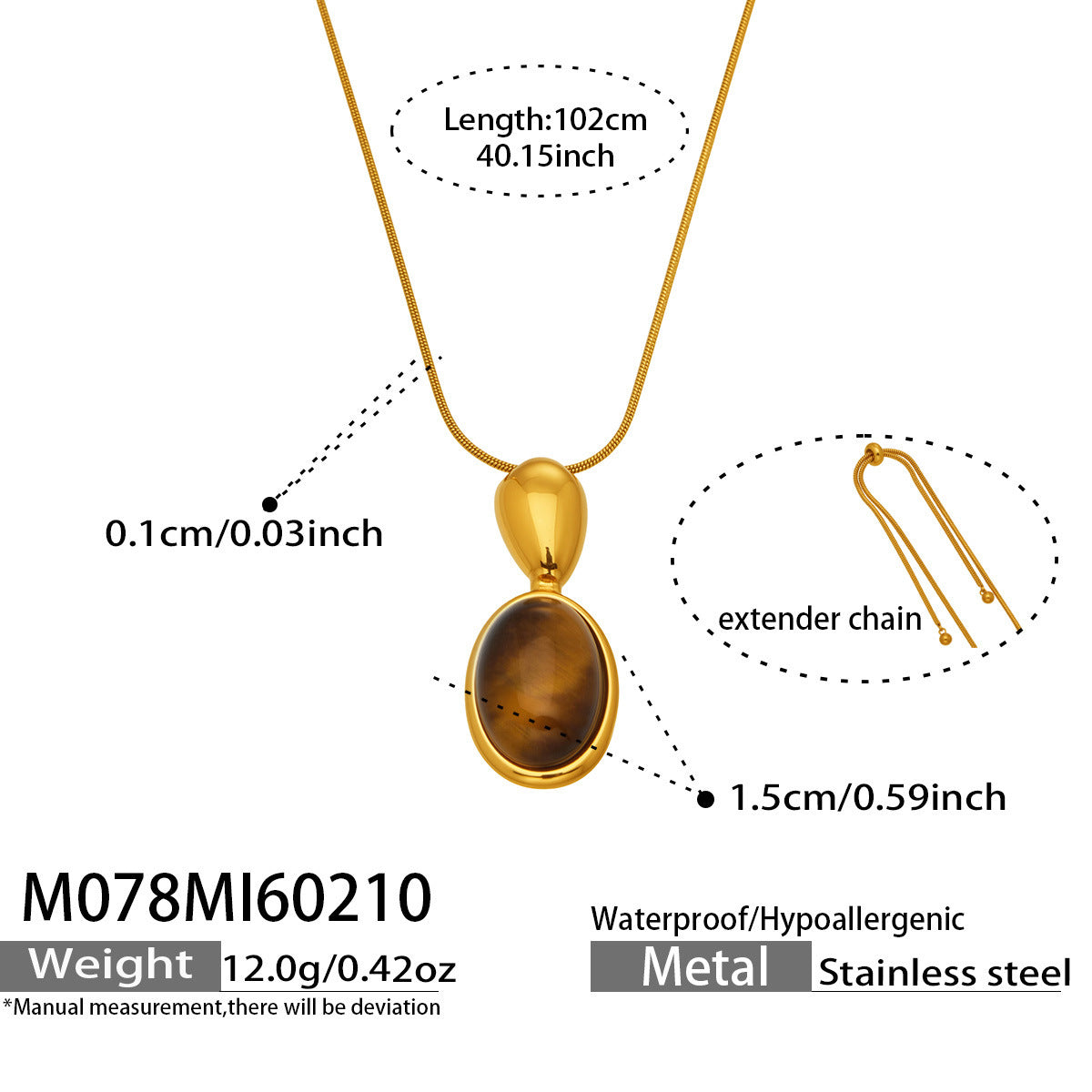 Fashionable New Arrival Natural Agate tiger Eye Pendant Long Necklace Simple Design Stainless Steel 18K Gold Plated Chain