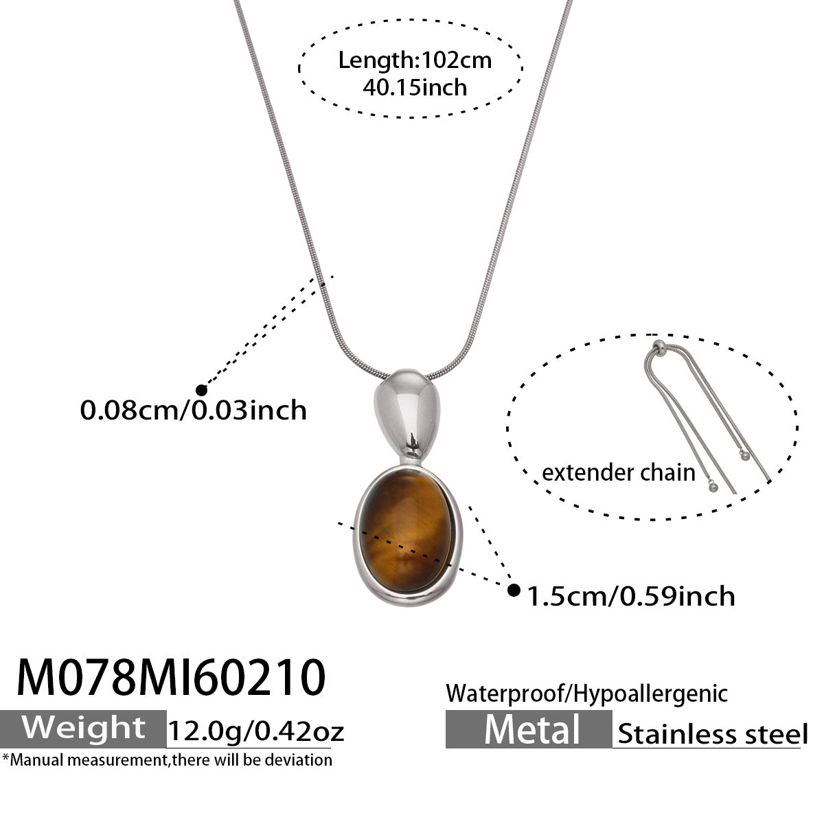 Fashionable New Arrival Natural Agate tiger Eye Pendant Long Necklace Simple Design Stainless Steel 18K Gold Plated Chain