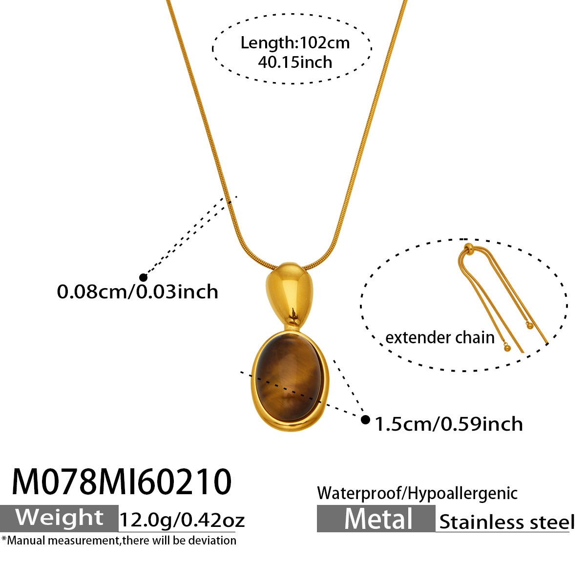 Fashionable New Arrival Natural Agate tiger Eye Pendant Long Necklace Simple Design Stainless Steel 18K Gold Plated Chain