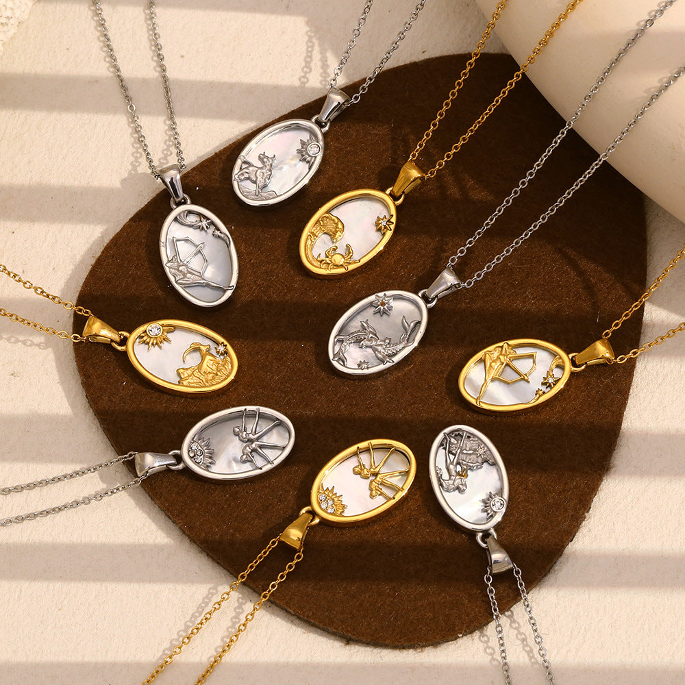 12 Zodiacs Oval Shape Pendant White Zircon Natural Shell element Stainless Steel 18K Gold Plated Trendy Link Chain Fashion