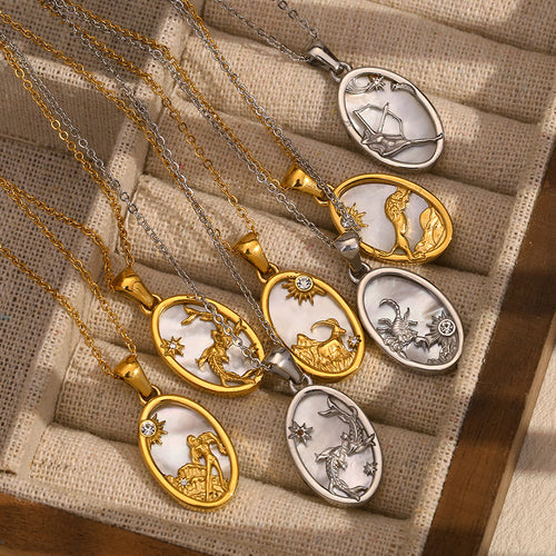 12 Zodiacs Oval Shape Pendant White Zircon Natural Shell element Stainless Steel 18K Gold Plated Trendy Link Chain Fashion