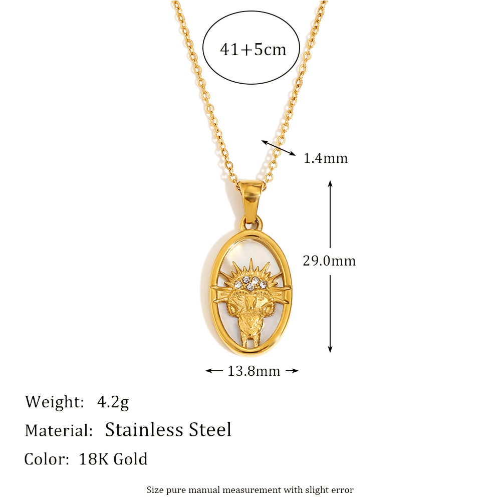 12 Zodiacs Oval Shape Pendant White Zircon Natural Shell element Stainless Steel 18K Gold Plated Trendy Link Chain Fashion