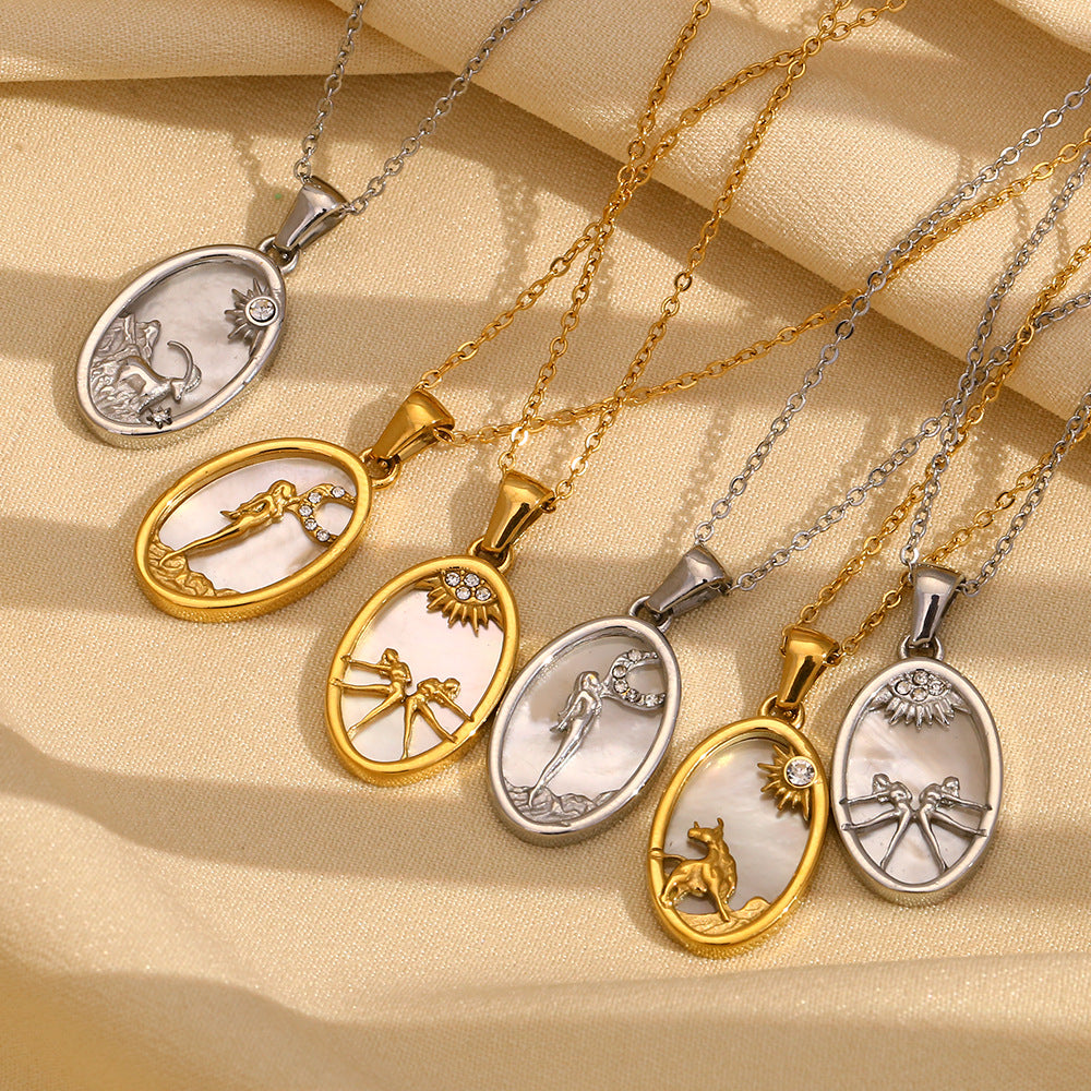 12 Zodiacs Oval Shape Pendant White Zircon Natural Shell element Stainless Steel 18K Gold Plated Trendy Link Chain Fashion