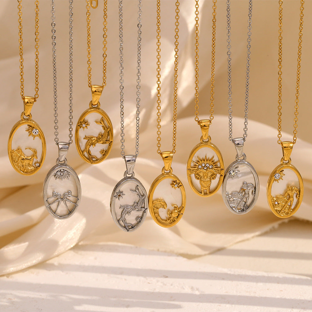 12 Zodiacs Oval Shape Pendant White Zircon Natural Shell element Stainless Steel 18K Gold Plated Trendy Link Chain Fashion