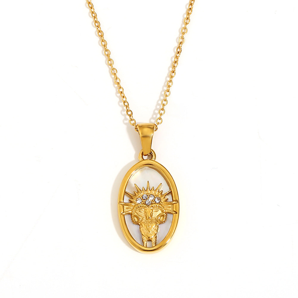 12 Zodiacs Oval Shape Pendant White Zircon Natural Shell element Stainless Steel 18K Gold Plated Trendy Link Chain Fashion