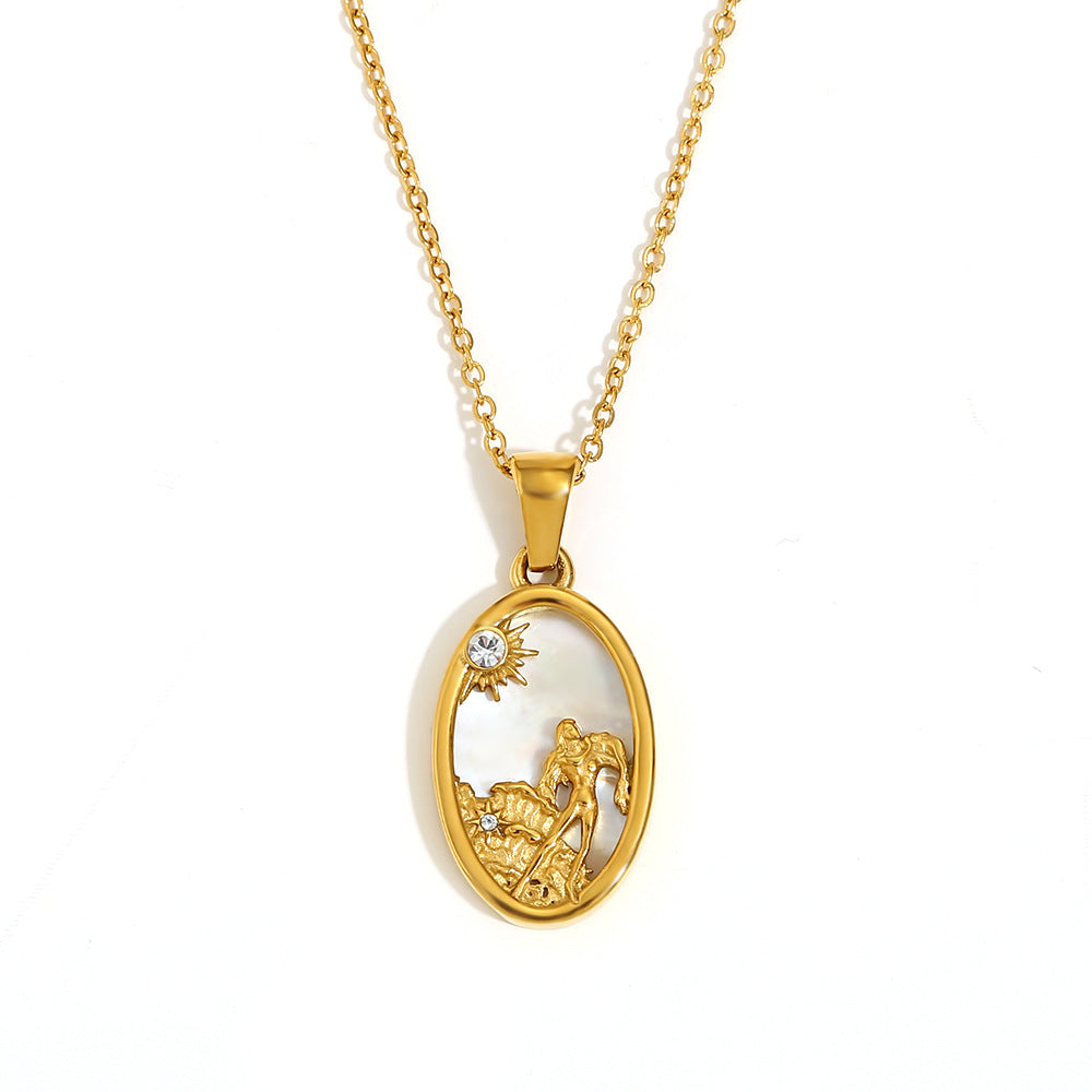 12 Zodiacs Oval Shape Pendant White Zircon Natural Shell element Stainless Steel 18K Gold Plated Trendy Link Chain Fashion