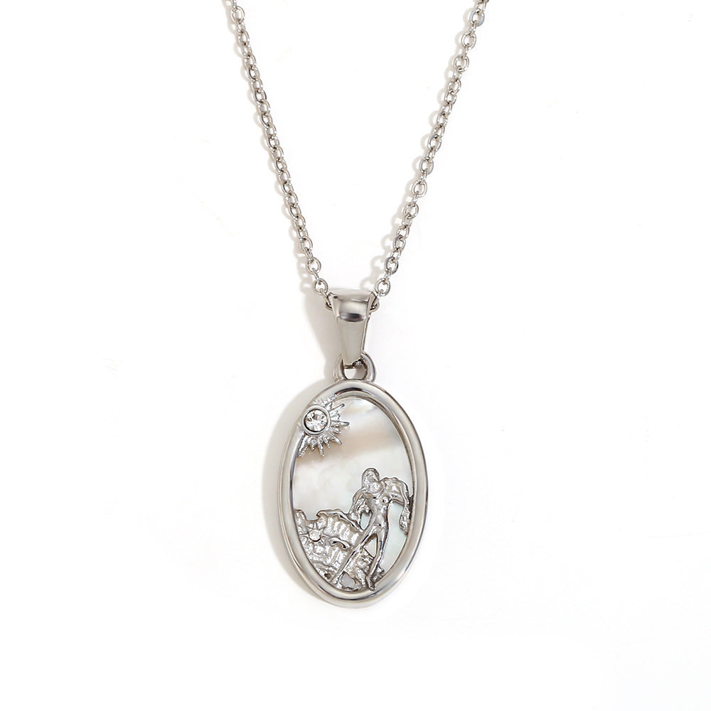 12 Zodiacs Oval Shape Pendant White Zircon Natural Shell element Stainless Steel 18K Gold Plated Trendy Link Chain Fashion