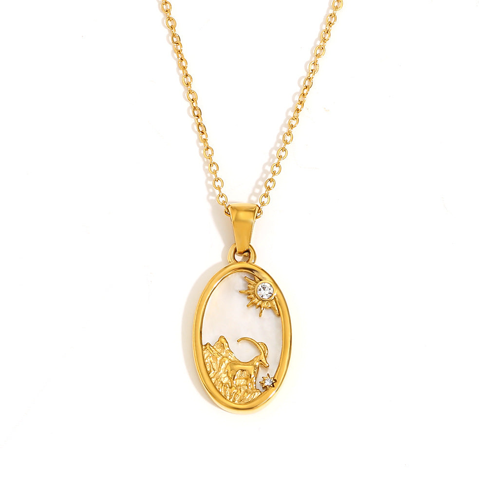 12 Zodiacs Oval Shape Pendant White Zircon Natural Shell element Stainless Steel 18K Gold Plated Trendy Link Chain Fashion