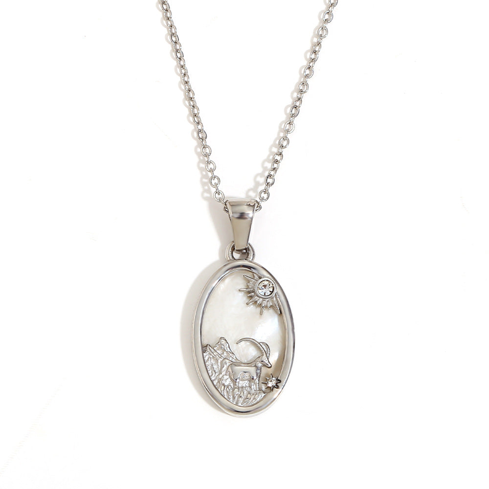 12 Zodiacs Oval Shape Pendant White Zircon Natural Shell element Stainless Steel 18K Gold Plated Trendy Link Chain Fashion