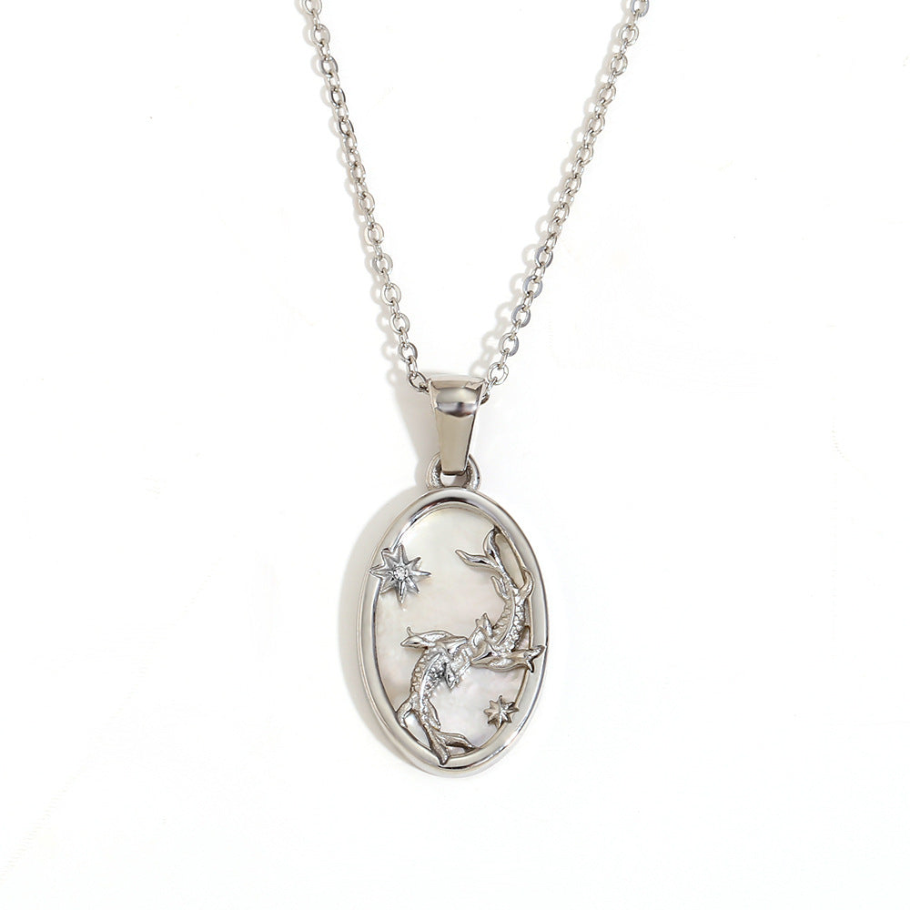 12 Zodiacs Oval Shape Pendant White Zircon Natural Shell element Stainless Steel 18K Gold Plated Trendy Link Chain Fashion