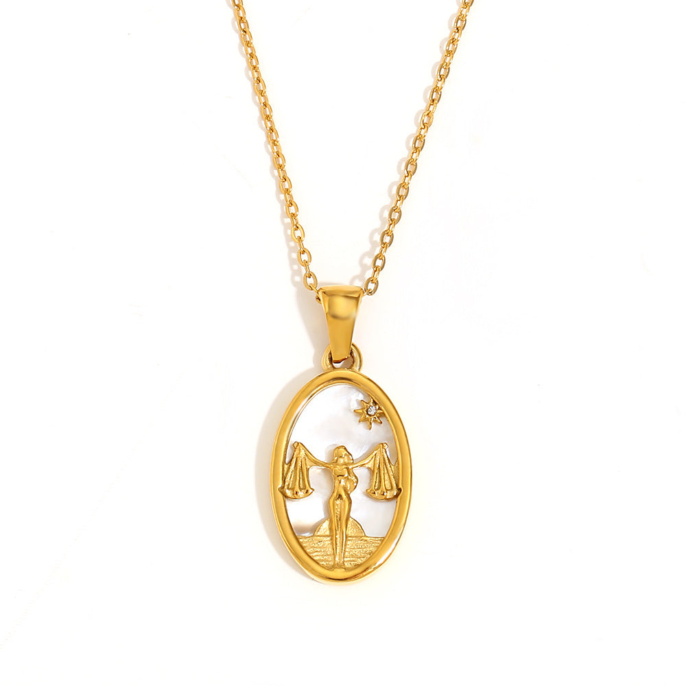 12 Zodiacs Oval Shape Pendant White Zircon Natural Shell element Stainless Steel 18K Gold Plated Trendy Link Chain Fashion