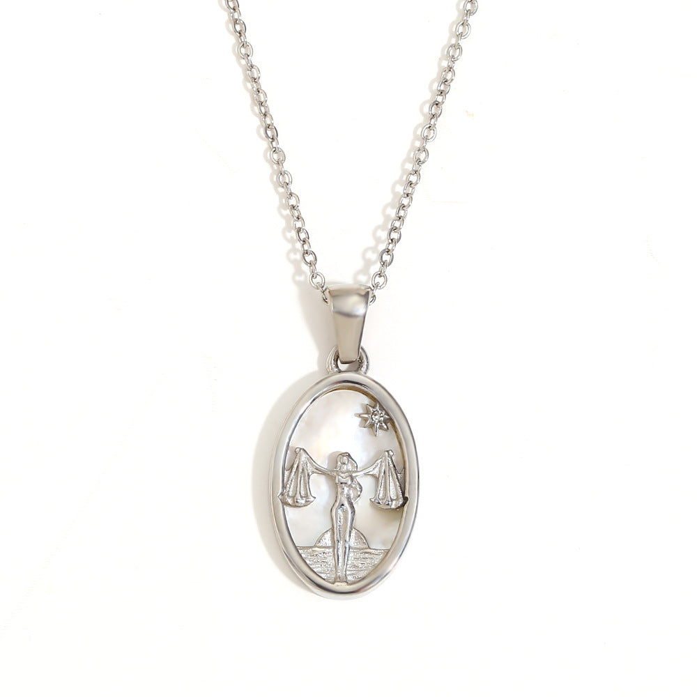 12 Zodiacs Oval Shape Pendant White Zircon Natural Shell element Stainless Steel 18K Gold Plated Trendy Link Chain Fashion