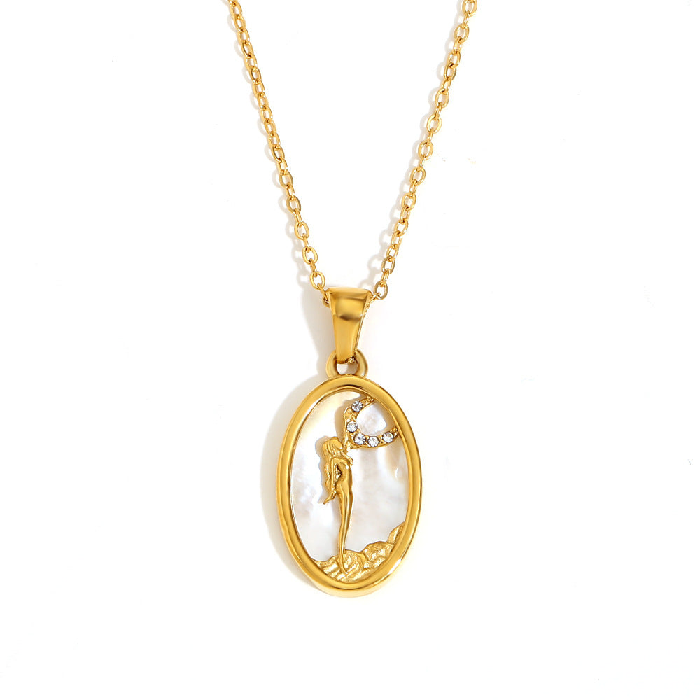 12 Zodiacs Oval Shape Pendant White Zircon Natural Shell element Stainless Steel 18K Gold Plated Trendy Link Chain Fashion