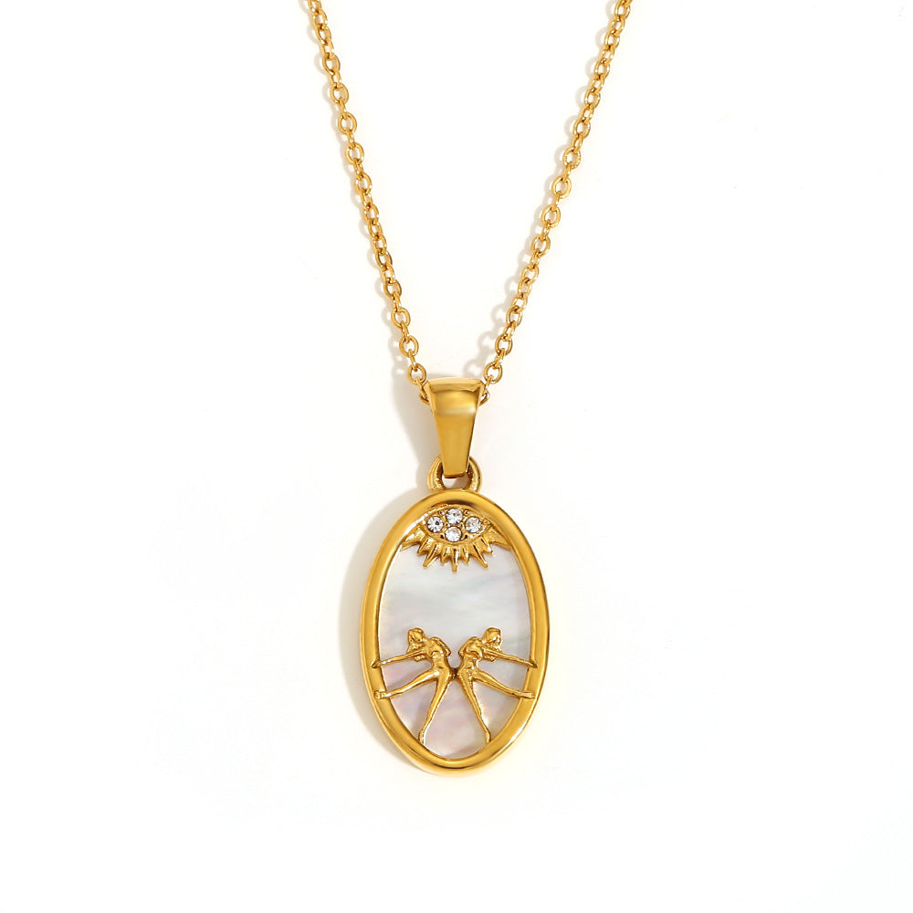 12 Zodiacs Oval Shape Pendant White Zircon Natural Shell element Stainless Steel 18K Gold Plated Trendy Link Chain Fashion