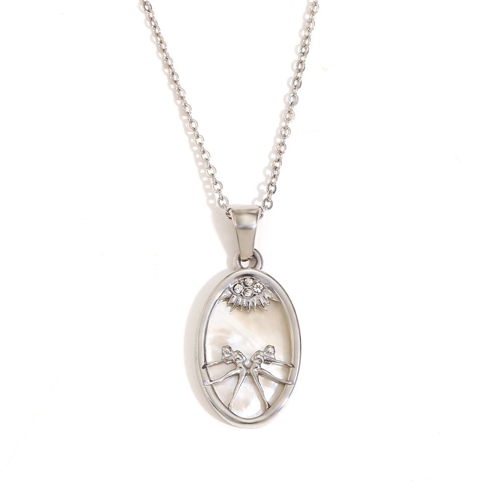 12 Zodiacs Oval Shape Pendant White Zircon Natural Shell element Stainless Steel 18K Gold Plated Trendy Link Chain Fashion