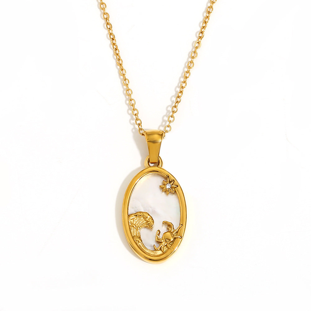 12 Zodiacs Oval Shape Pendant White Zircon Natural Shell element Stainless Steel 18K Gold Plated Trendy Link Chain Fashion