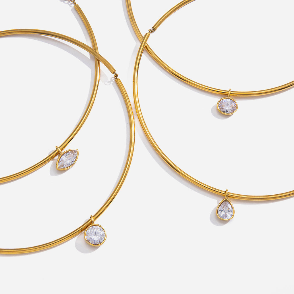Women's Vintage Style Stainless Steel 18K Gold Plated White Zircon Strand Pendant Choker Necklace for Party