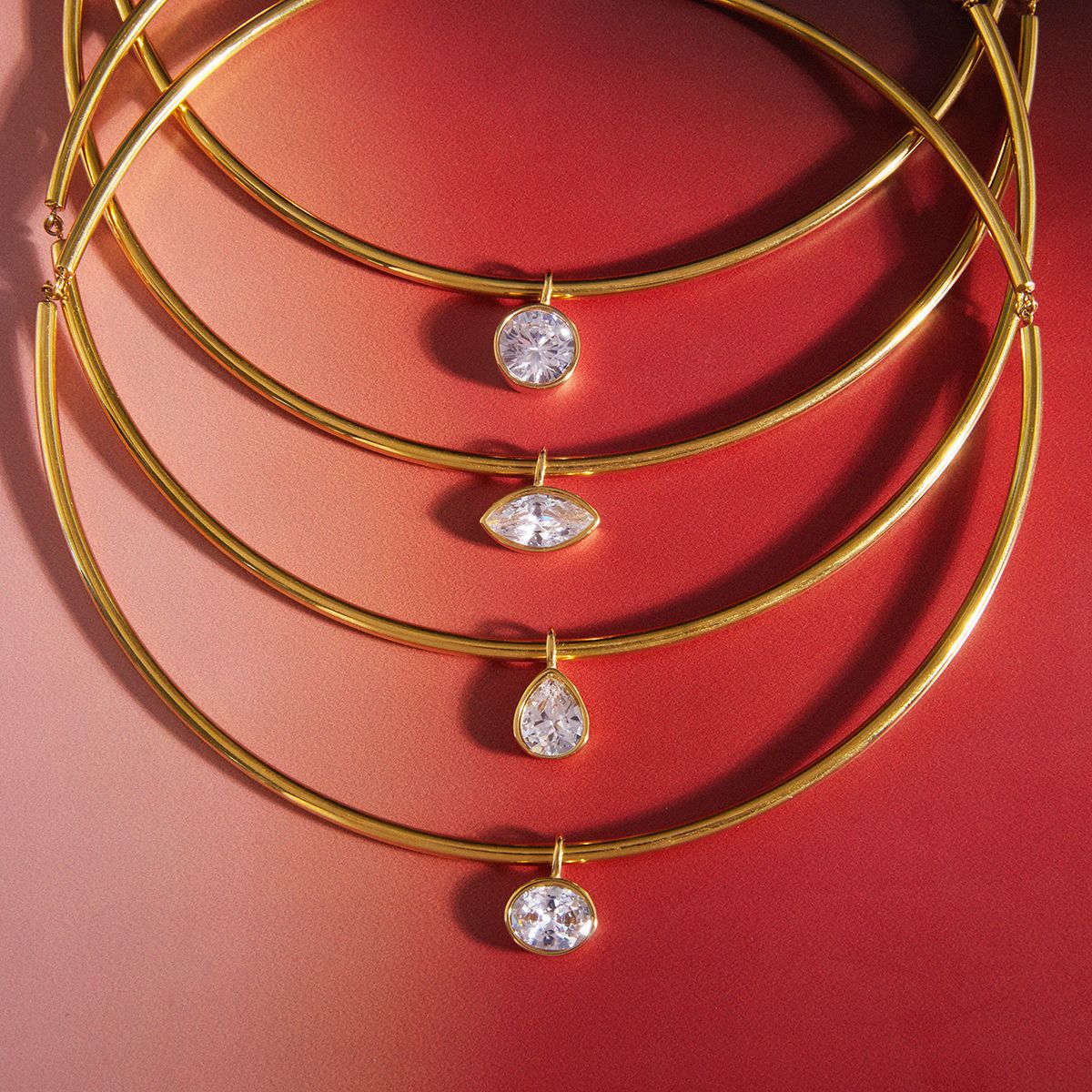 Women's Vintage Style Stainless Steel 18K Gold Plated White Zircon Strand Pendant Choker Necklace for Party