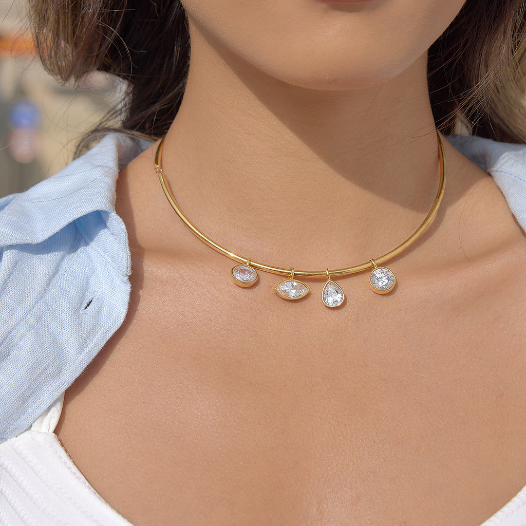 Women's Vintage Style Stainless Steel 18K Gold Plated White Zircon Strand Pendant Choker Necklace for Party
