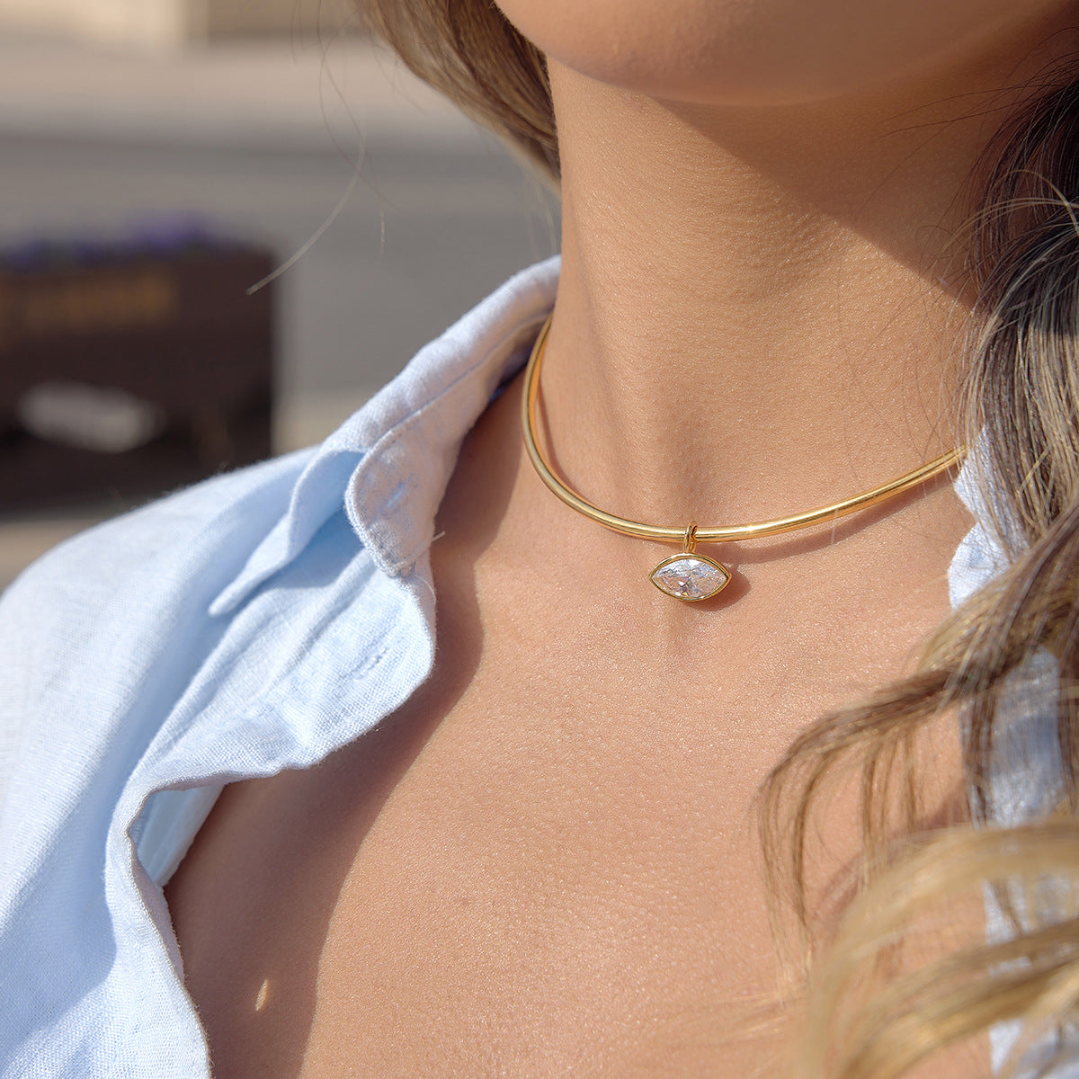Women's Vintage Style Stainless Steel 18K Gold Plated White Zircon Strand Pendant Choker Necklace for Party