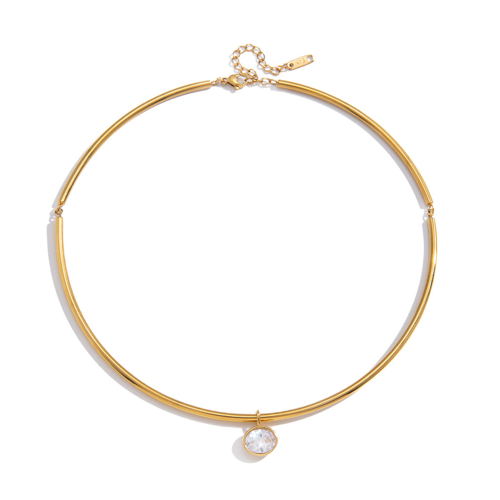 Women's Vintage Style Stainless Steel 18K Gold Plated White Zircon Strand Pendant Choker Necklace for Party