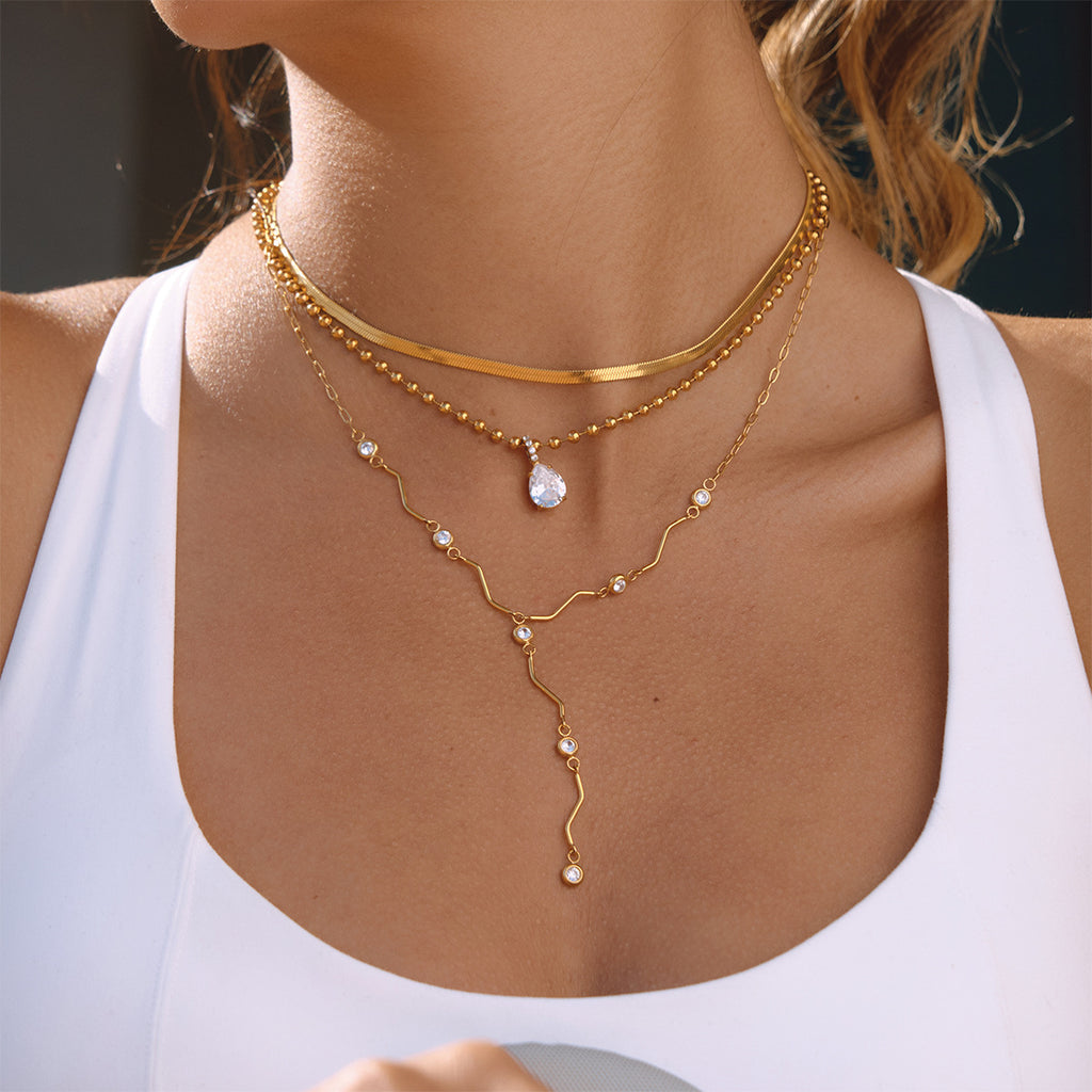 Trendy 18K Gold Plated Stainless Steel Lab Created White Zircon Link Chain Charm Necklaces for Women Party Gift