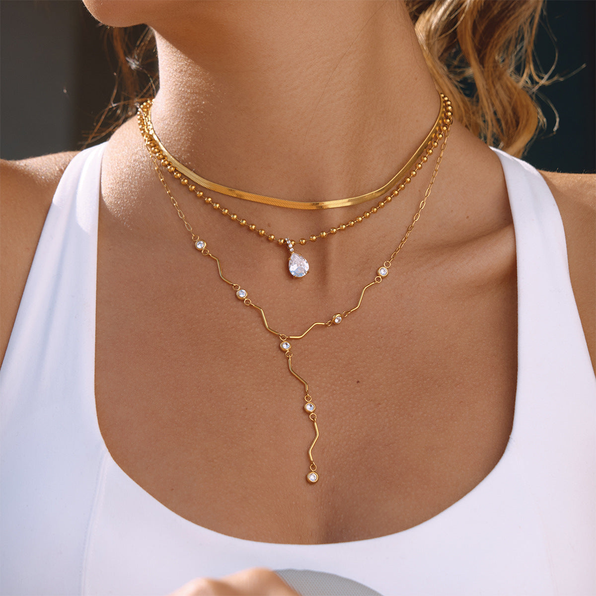 Trendy 18K Gold Plated Stainless Steel Lab Created White Zircon Link Chain Charm Necklaces for Women Party Gift