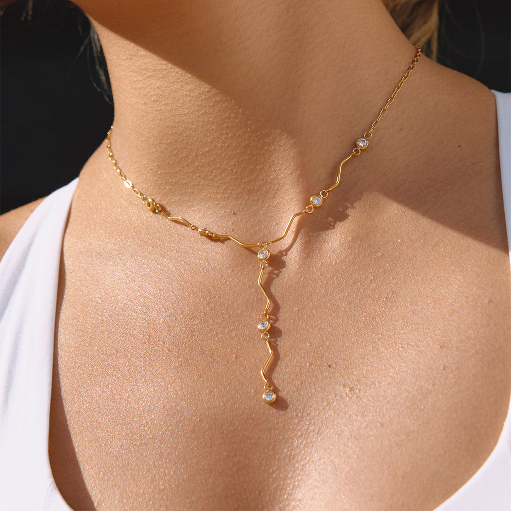 Trendy 18K Gold Plated Stainless Steel Lab Created White Zircon Link Chain Charm Necklaces for Women Party Gift
