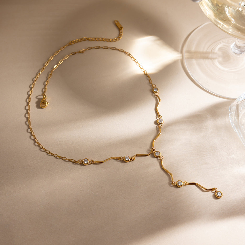 Trendy 18K Gold Plated Stainless Steel Lab Created White Zircon Link Chain Charm Necklaces for Women Party Gift
