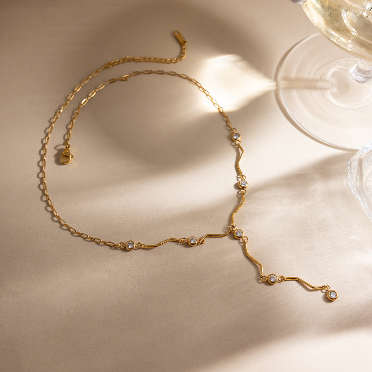 Trendy 18K Gold Plated Stainless Steel Lab Created White Zircon Link Chain Charm Necklaces for Women Party Gift