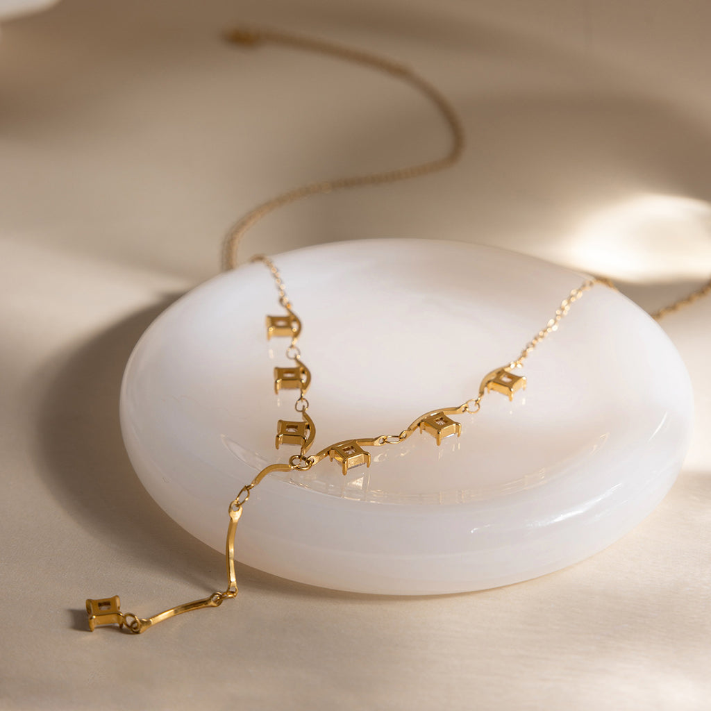 Trendy 18K Gold Plated Stainless Steel Lab Created White Zircon Link Chain Charm Necklaces for Women Party Gift
