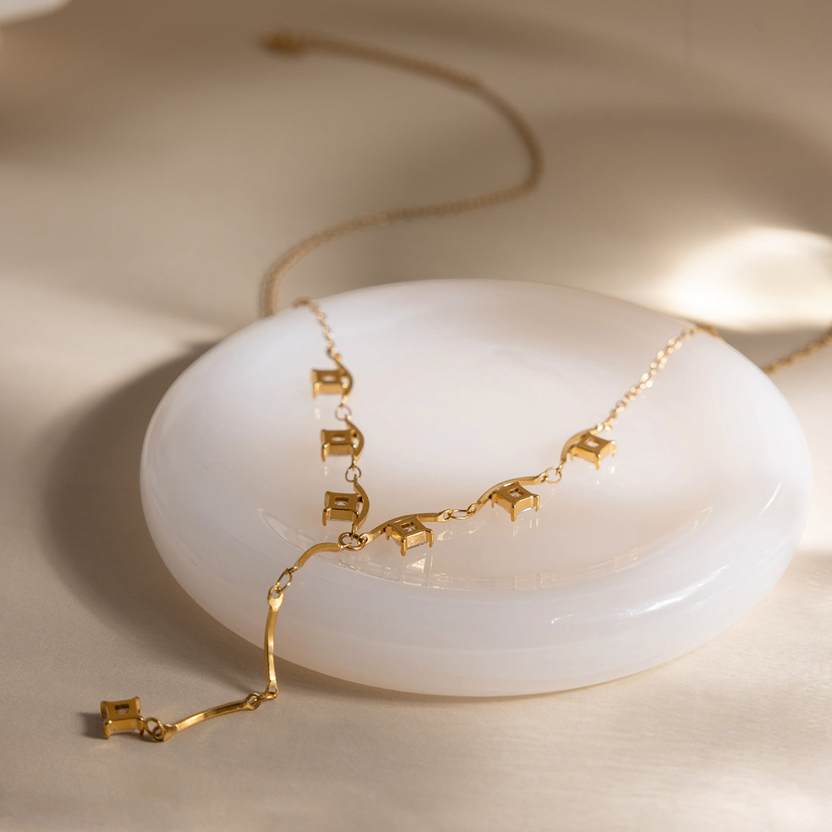 Trendy 18K Gold Plated Stainless Steel Lab Created White Zircon Link Chain Charm Necklaces for Women Party Gift