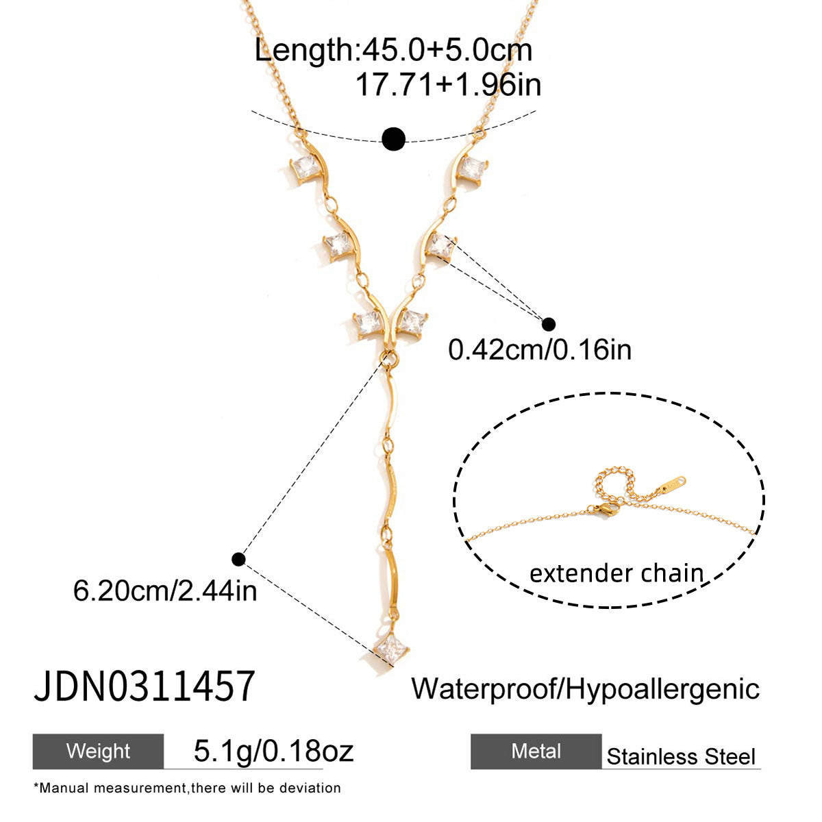 Trendy 18K Gold Plated Stainless Steel Lab Created White Zircon Link Chain Charm Necklaces for Women Party Gift