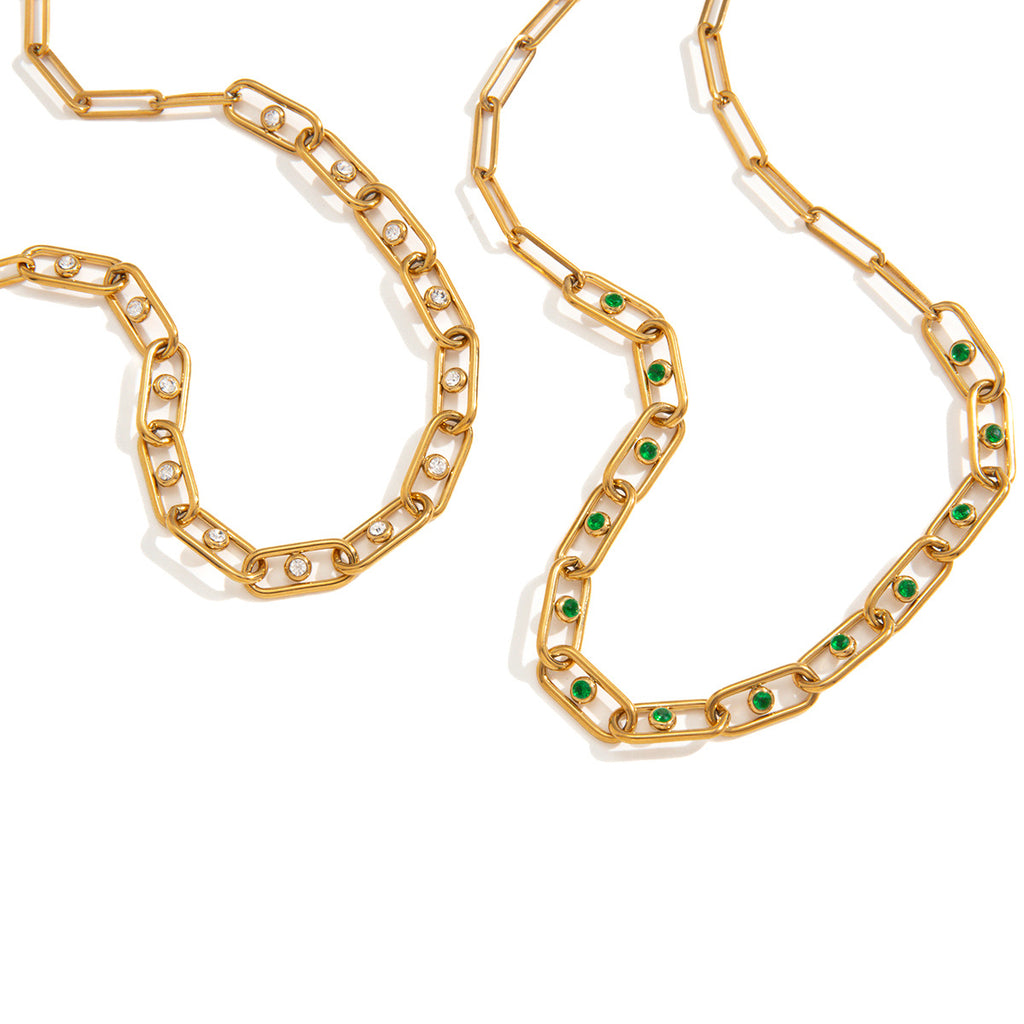 Trending Stainless Steel 18K Gold Plated PVD Technology Unisex Statement Necklace CROWN Shape Clip Chain Green White Zircons