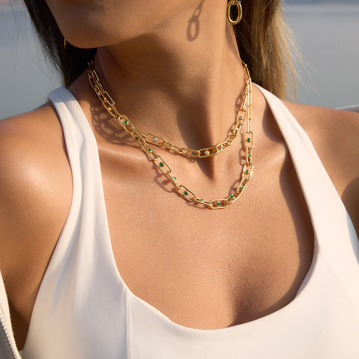 Trending Stainless Steel 18K Gold Plated PVD Technology Unisex Statement Necklace CROWN Shape Clip Chain Green White Zircons