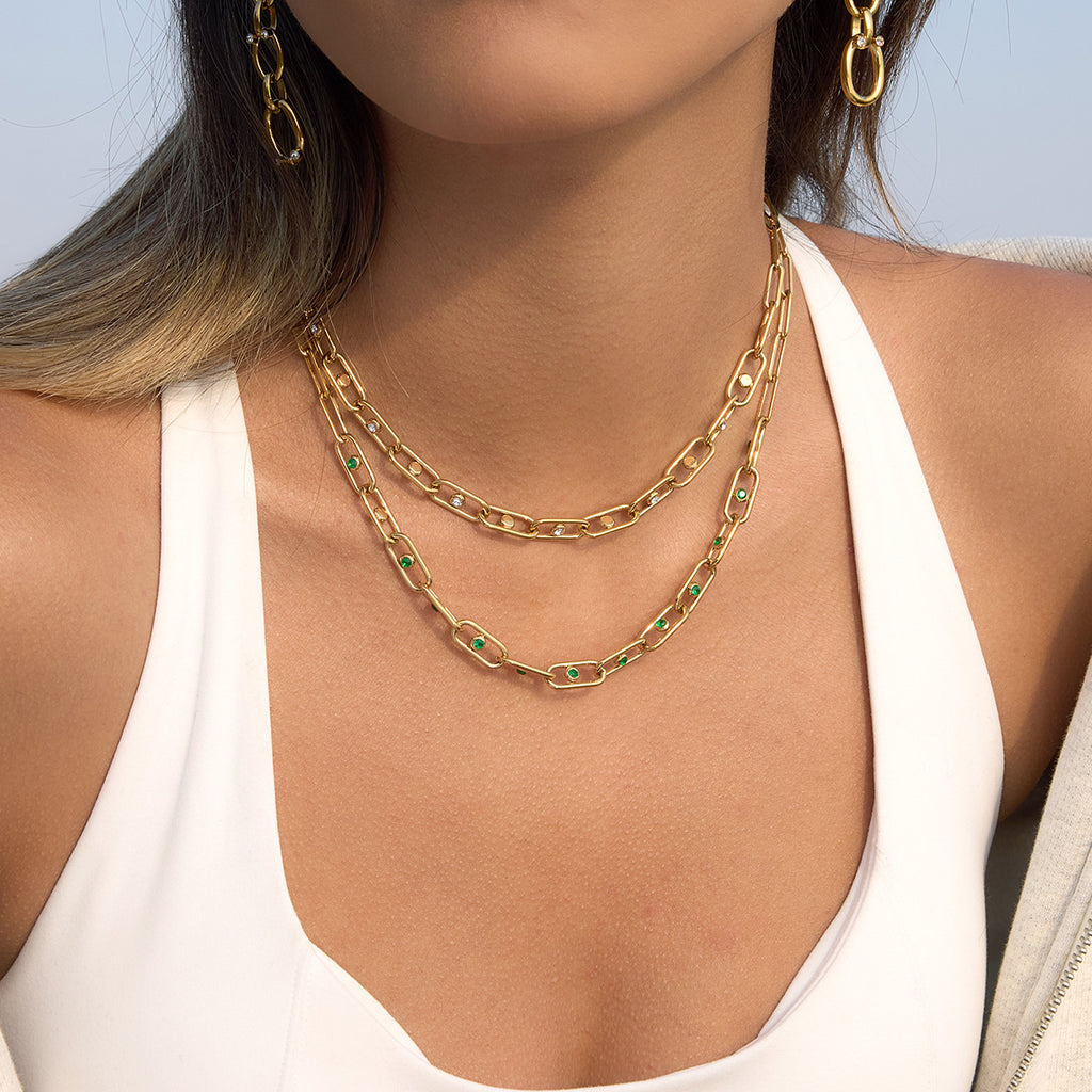 Trending Stainless Steel 18K Gold Plated PVD Technology Unisex Statement Necklace CROWN Shape Clip Chain Green White Zircons
