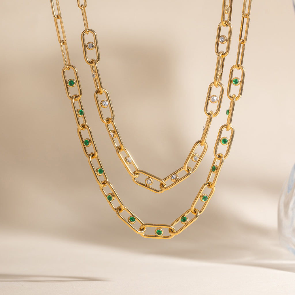 Trending Stainless Steel 18K Gold Plated PVD Technology Unisex Statement Necklace CROWN Shape Clip Chain Green White Zircons