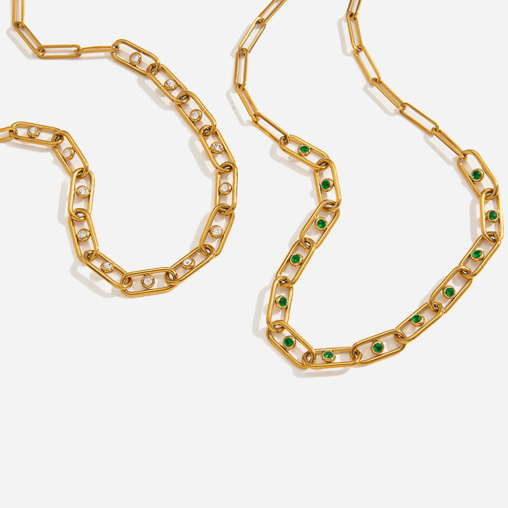 Trending Stainless Steel 18K Gold Plated PVD Technology Unisex Statement Necklace CROWN Shape Clip Chain Green White Zircons