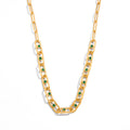 Trending Stainless Steel 18K Gold Plated PVD Technology Unisex Statement Necklace CROWN Shape Clip Chain Green White Zircons