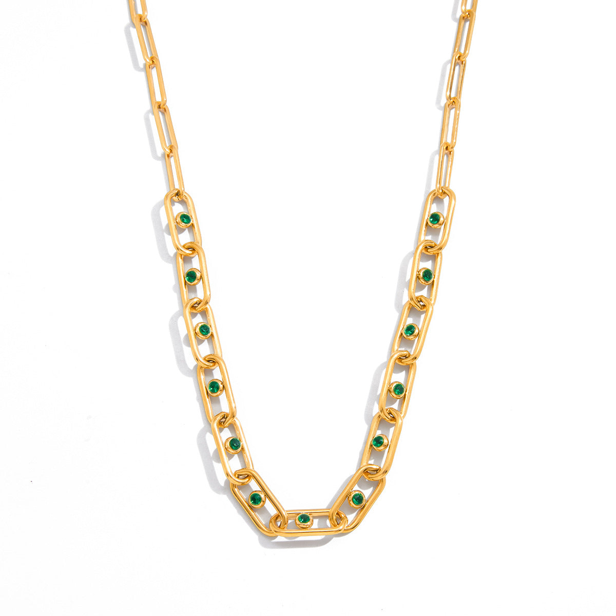Trending Stainless Steel 18K Gold Plated PVD Technology Unisex Statement Necklace CROWN Shape Clip Chain Green White Zircons