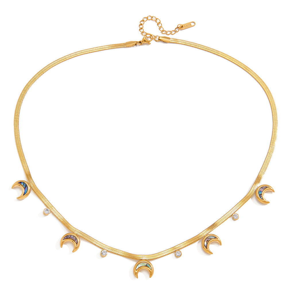 Trendy 18K Gold Plated Stainless Steel Abalone Moon and Round Zircon Snake Chain Charm Necklaces for Women Party