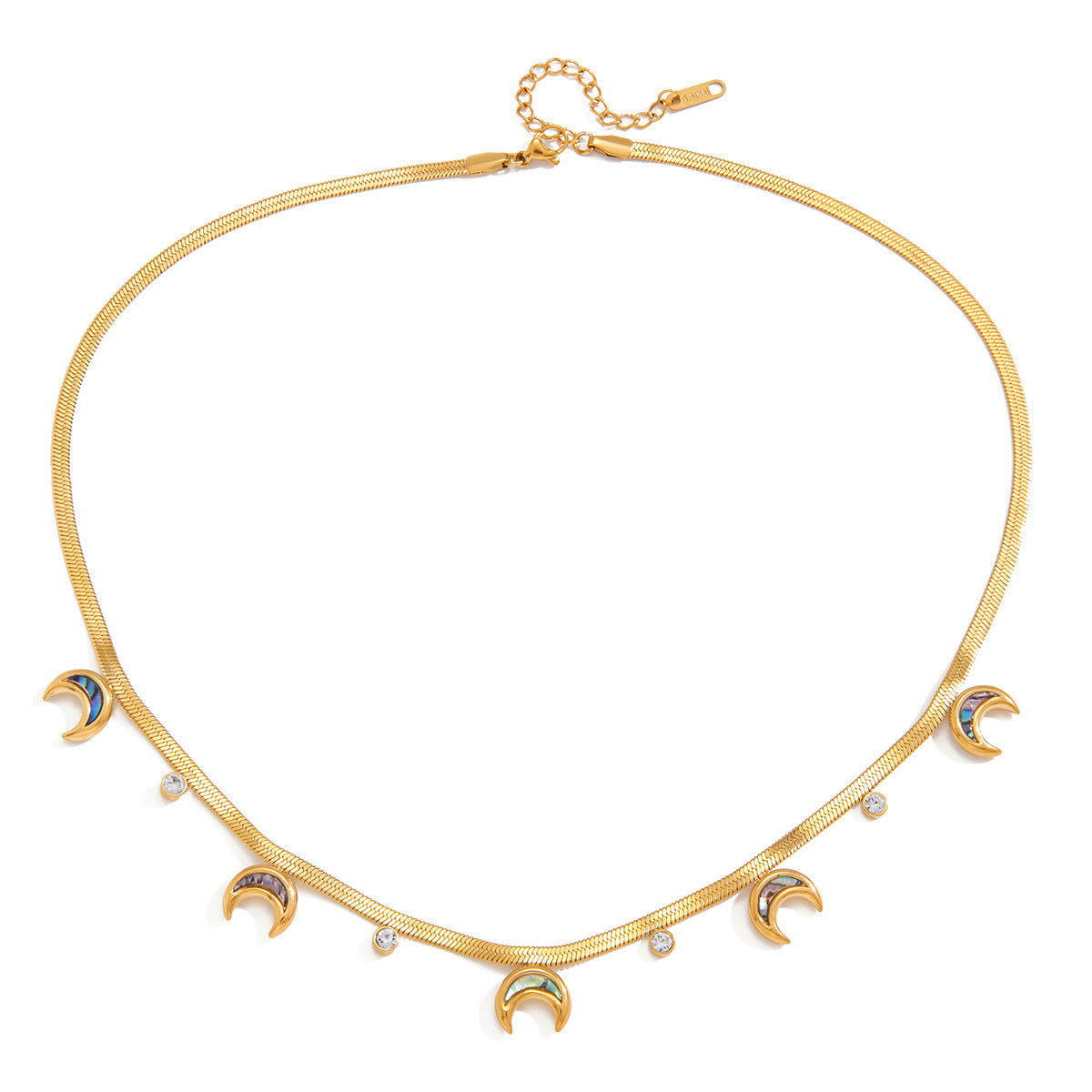 Trendy 18K Gold Plated Stainless Steel Abalone Moon and Round Zircon Snake Chain Charm Necklaces for Women Party