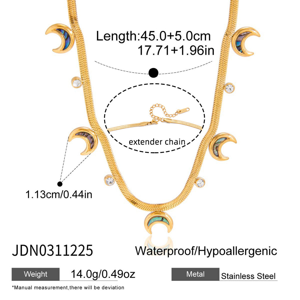 Trendy 18K Gold Plated Stainless Steel Abalone Moon and Round Zircon Snake Chain Charm Necklaces for Women Party
