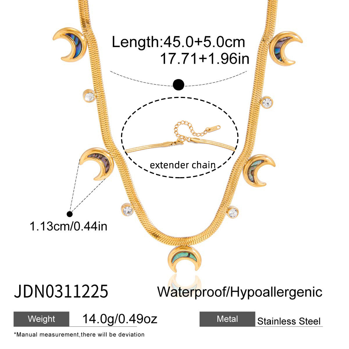 Trendy 18K Gold Plated Stainless Steel Abalone Moon and Round Zircon Snake Chain Charm Necklaces for Women Party