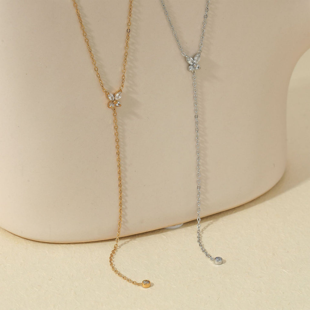 Y Shape Long Pendant with Zircons Stainless Steel Link Chain Necklace 18K Gold Plated Party Fashion Jewelry